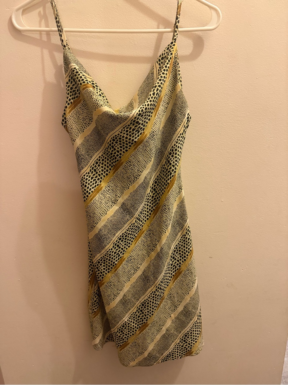 Cowl Neck Asymmetrical Slip Dress in Yellow and Black Print